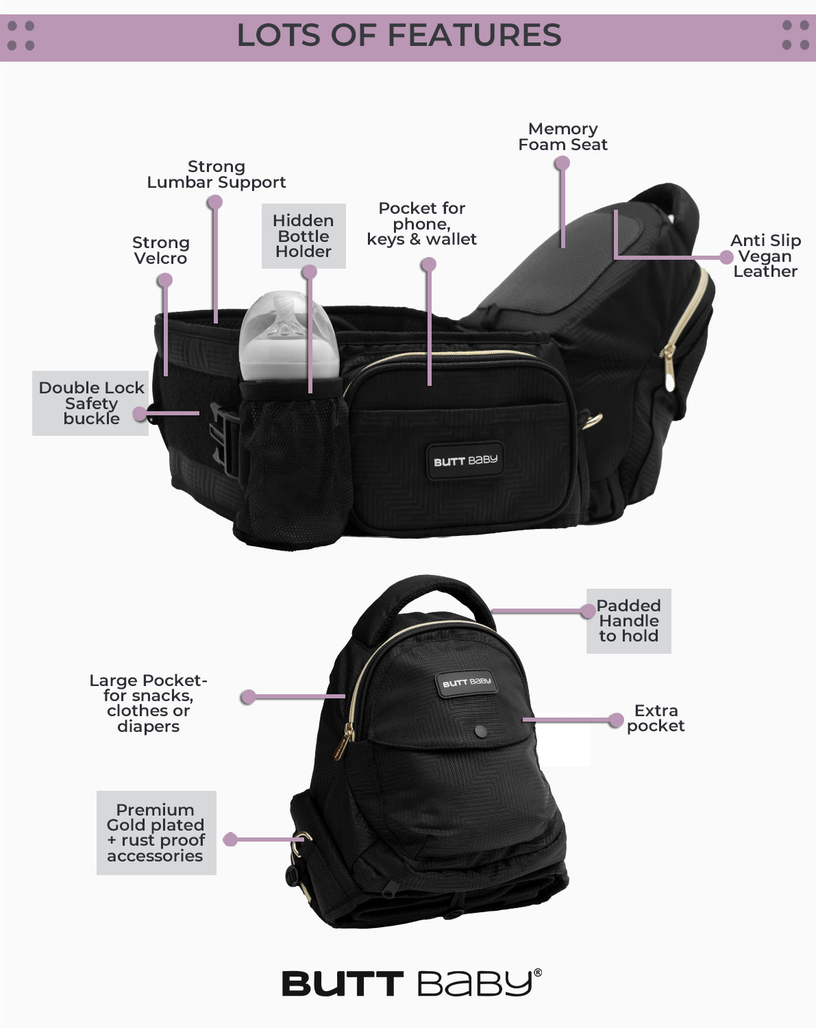 Black Gold Baby Carrier with Hip Seat