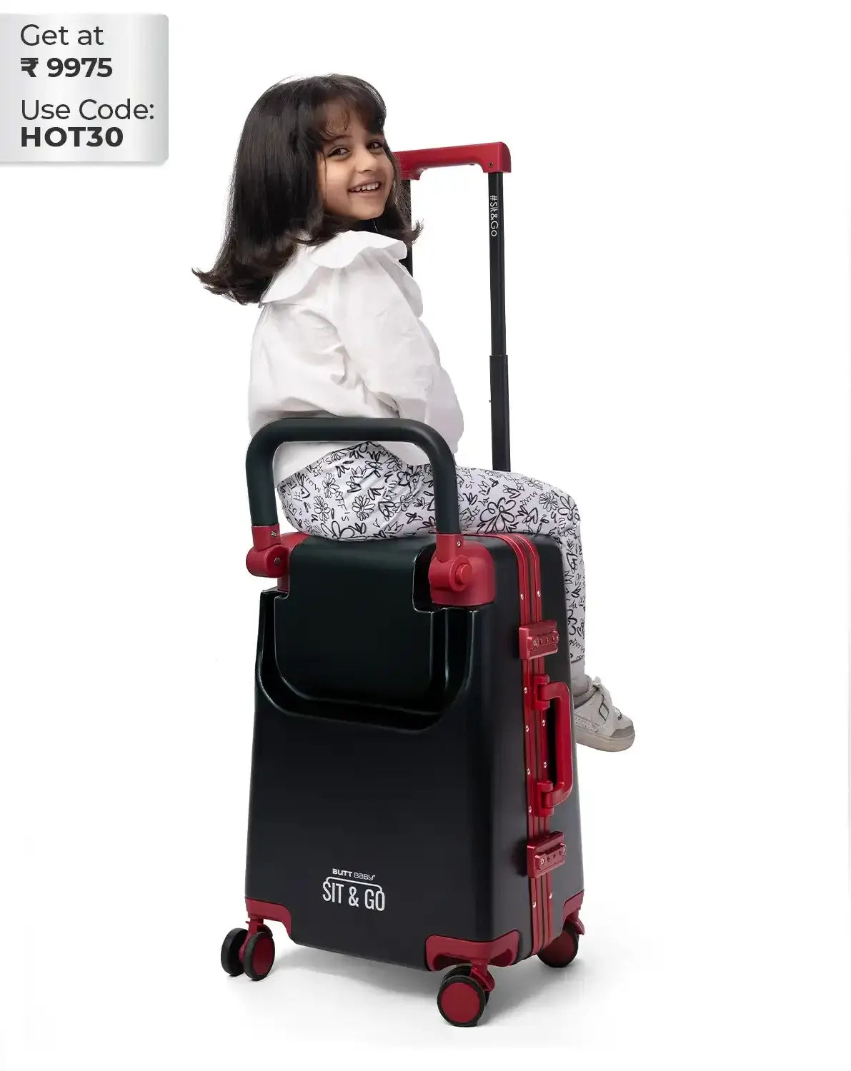 suitcase with baby seat ride on cabin luggage carrier for kids travel sit and go butt baby colour black