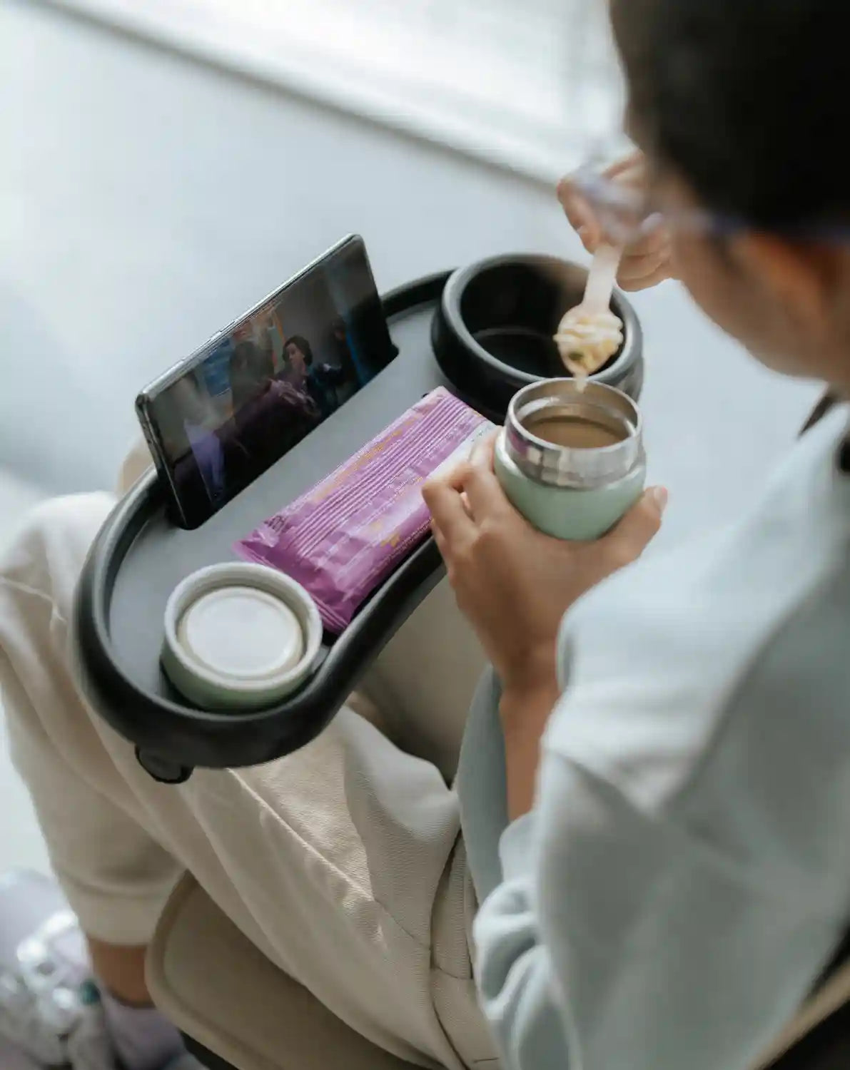 food tray for get going accessories snacks, water and screen in one place