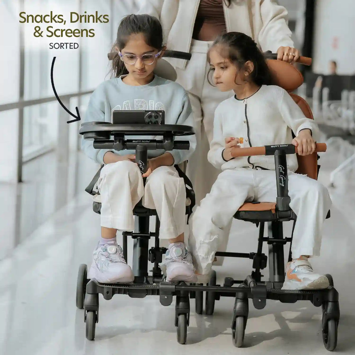 food tray accessories for get going stroller snacks, drinks, and screens sorted.