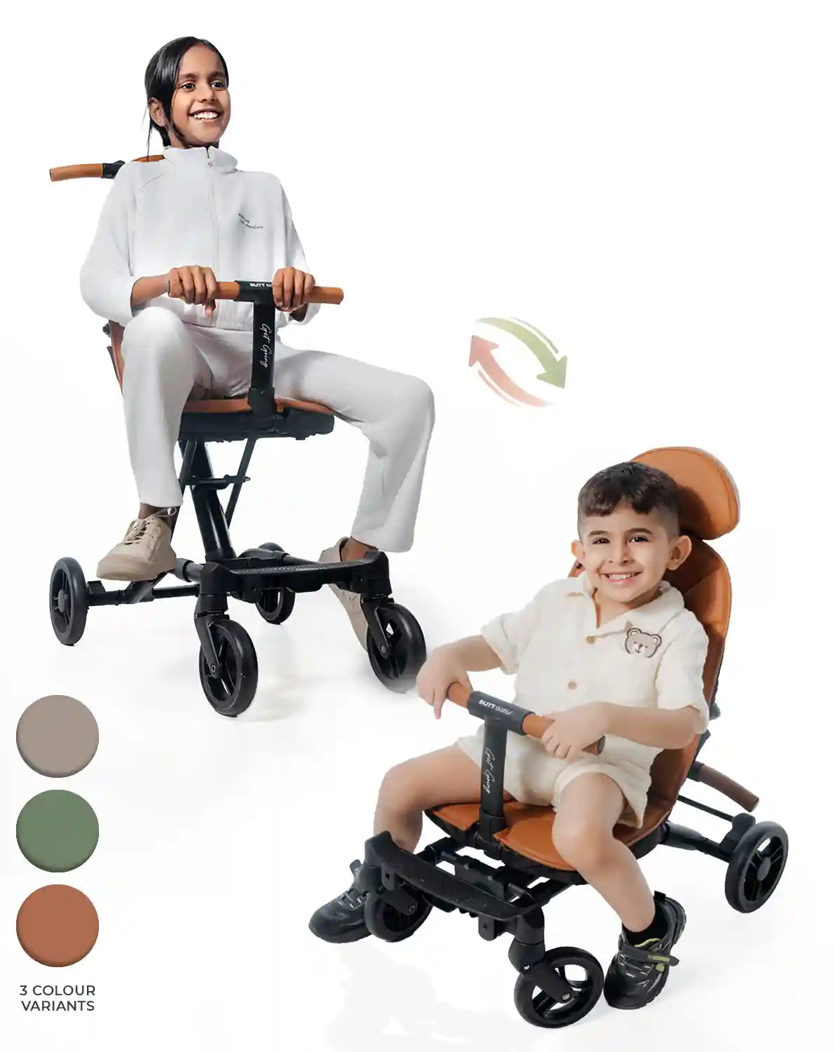 Butt Baby Get Going converting from stroller to scooter, for small kids to big kids, in 3 colour variants.