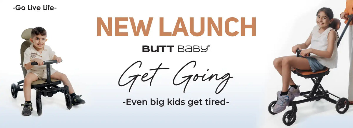 New launch Butt Baby Get Going, a boy riding on scooter and a girl riding on stroller. Travel stroller for big kids. Even big kids get tired.