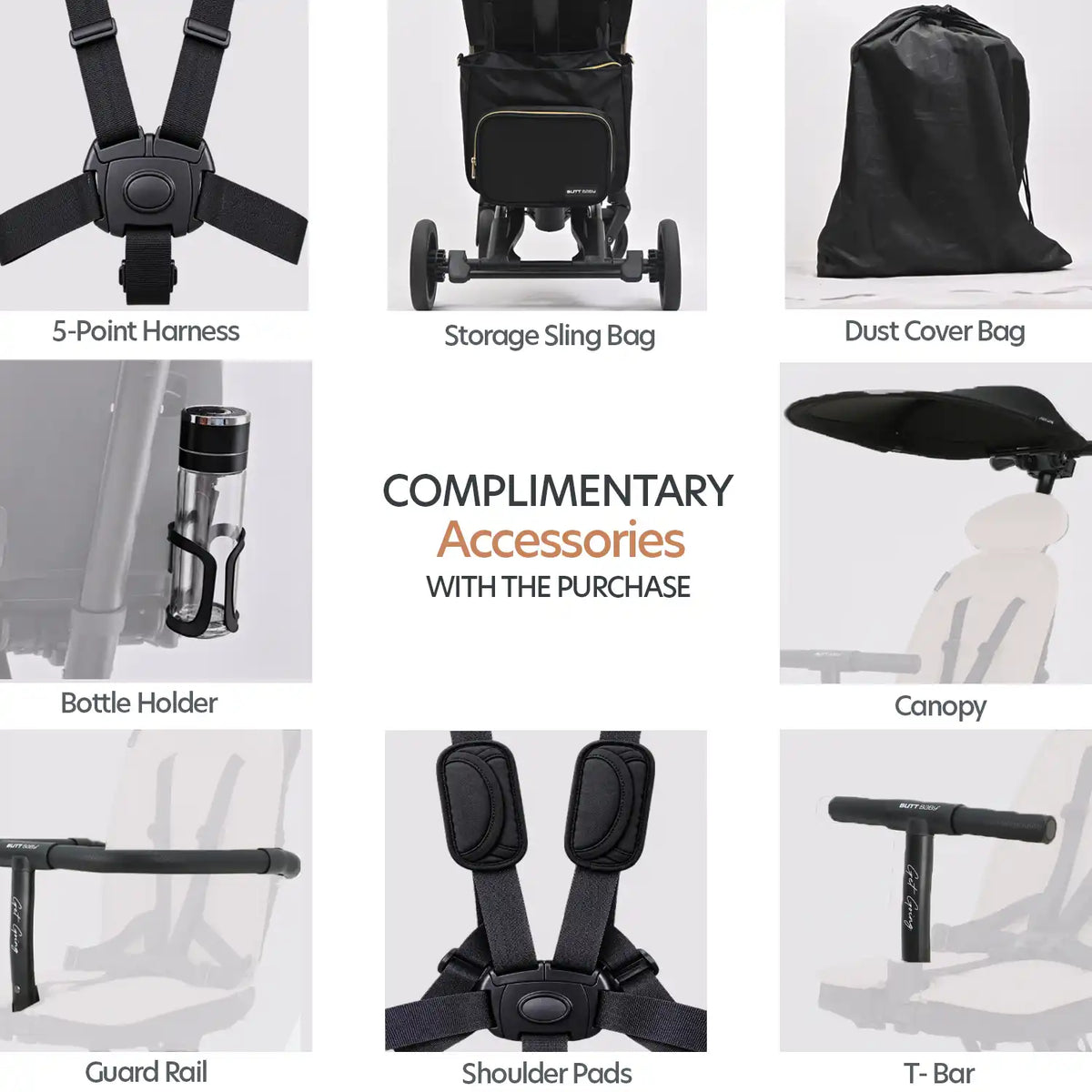 Butt Baby Get Going big kids to small kids travel stroller to scooter in burnt orange, complimentary accessories with the purchase - 5 point harness, strong sling bag, dust cover bag, bottle holder, canopy, guard rail, shoulder pads, T-bar handle.