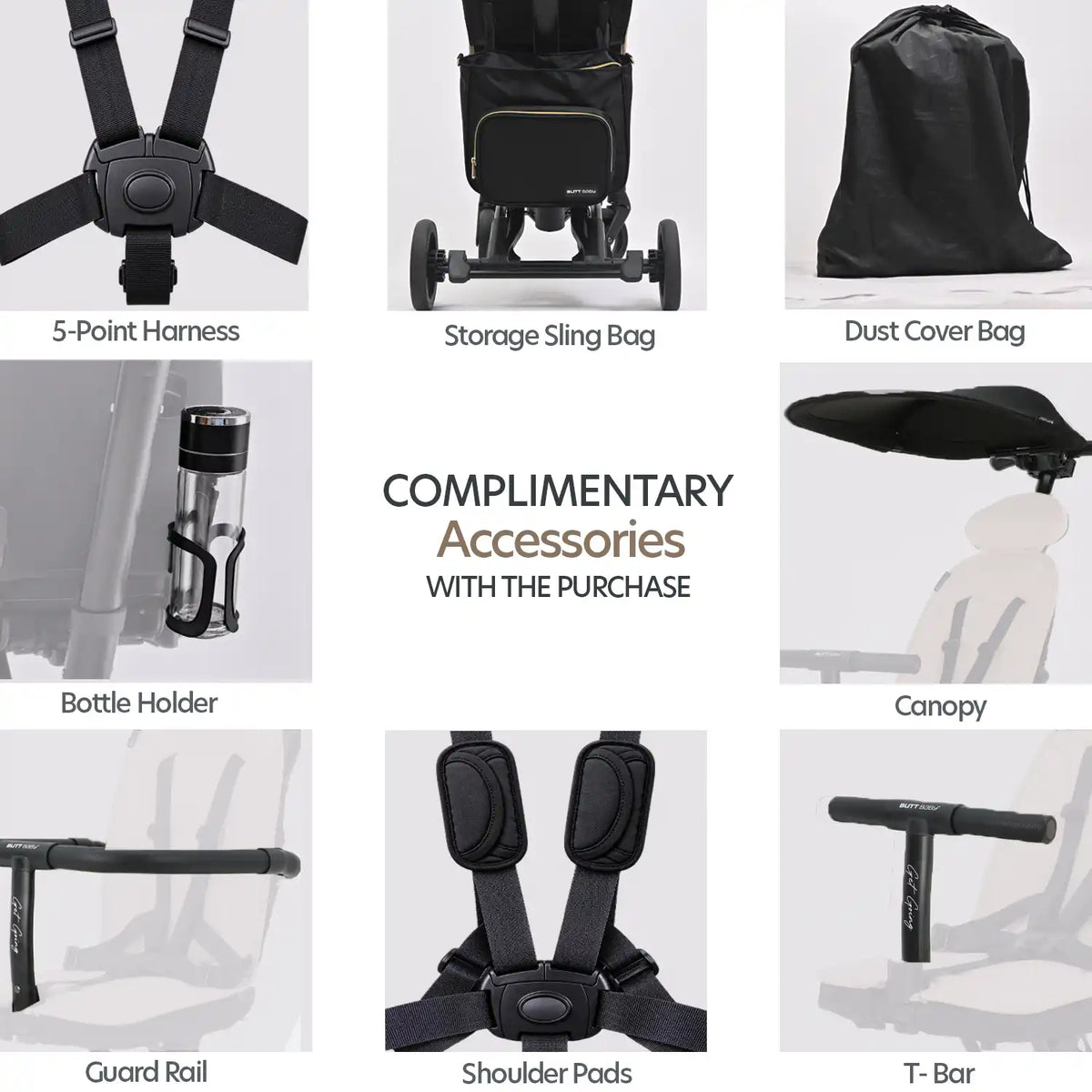 Butt Baby Get Going big kids travel stroller to scooter in ivory creme. Complimentary accessories with the purchases 5 point harness, storage sling bag, dust cover bag, bottle holder, canopy, guard rail, shoulder pads, T-bar handle.