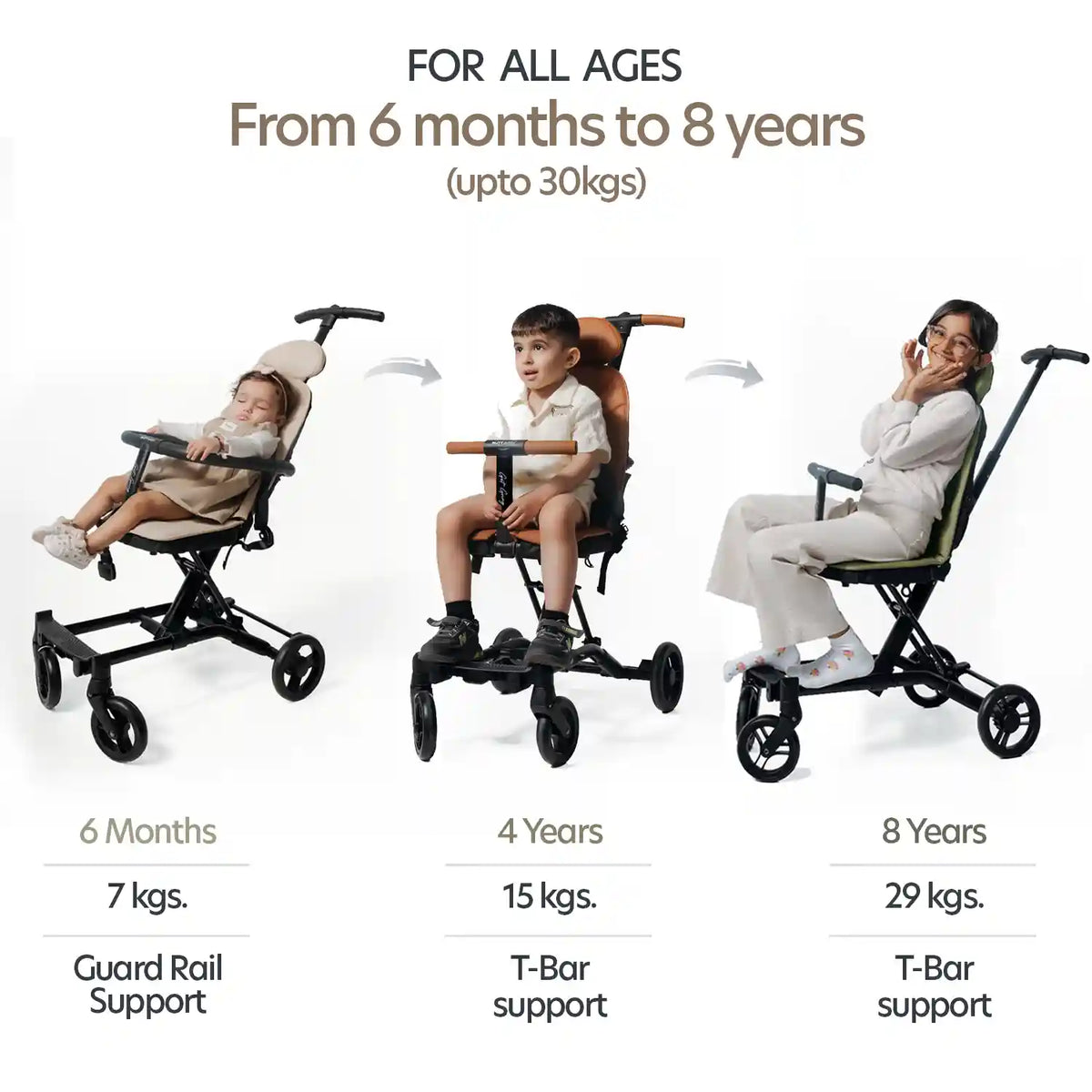 Butt Baby Get Going big kids travel stroller to scooter in ivory creme from 6 month to 8 years and support up to 30 KG weight.