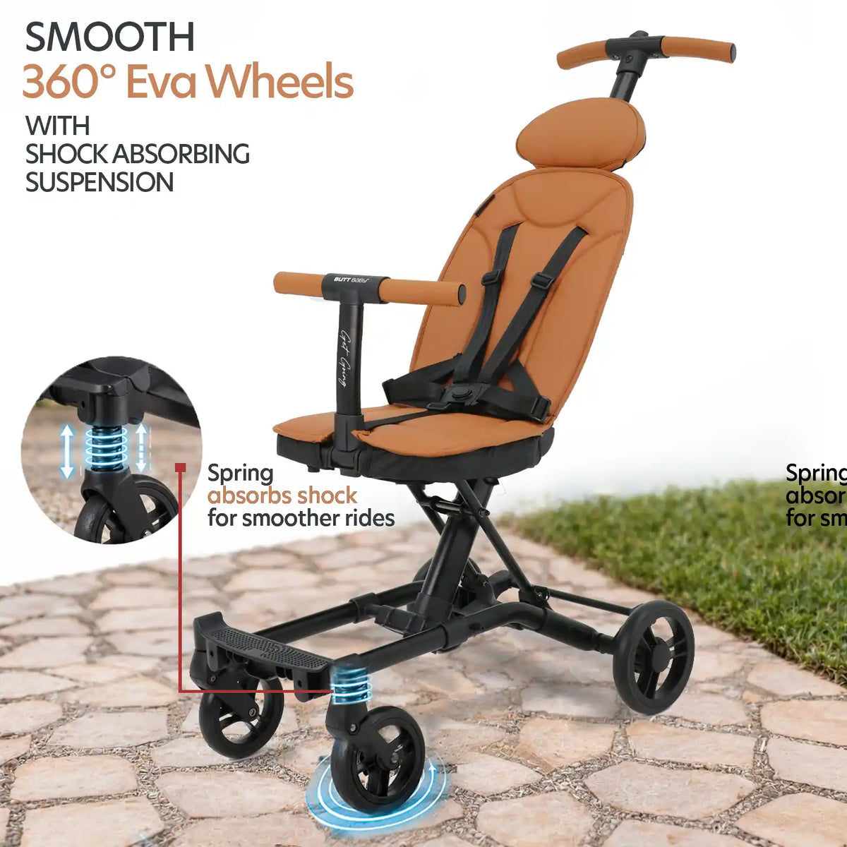 Butt Baby Get Going big kids to small kids travel stroller to scooter in burnt orange, smooth 360 degree eva wheels with shock absorbing suspension