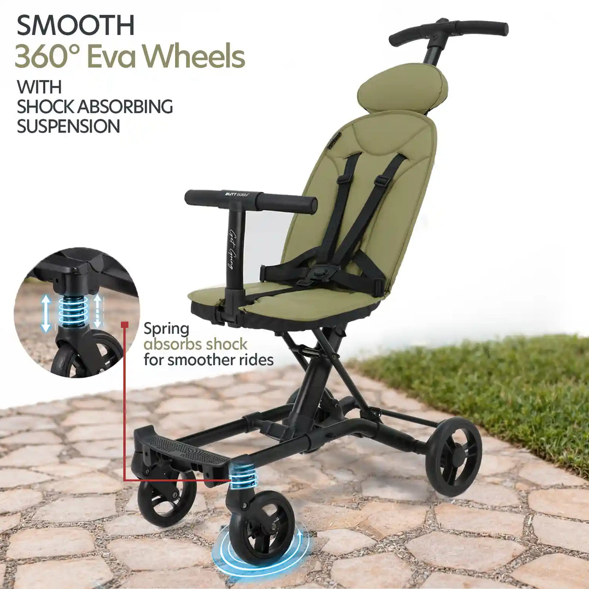 Butt Baby Get Going big kids travel stroller to scooter in forest green smooth 360 degree eva wheels with shock absorbing suspension.