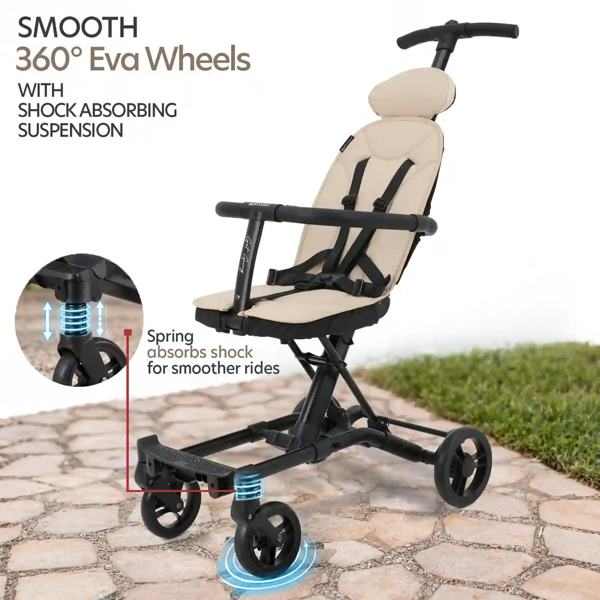 Butt Baby Get Going big kids travel stroller to scooter in ivory creme. Smooth 360 degree eva wheels with shock absorbing suspension.