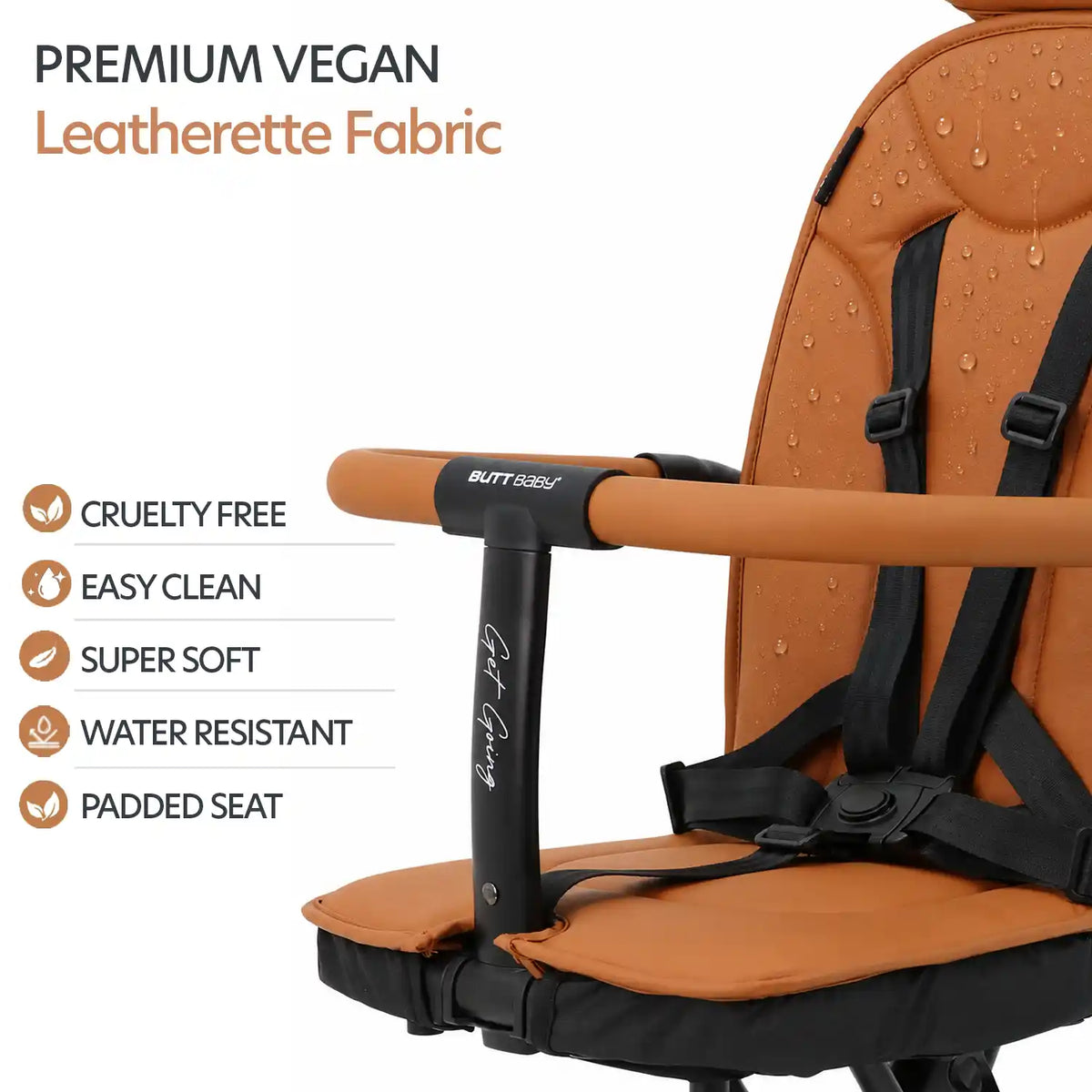 Butt Baby Get Going big kids to small kids travel stroller to scooter in burnt orange, premium vegan leatherette fabric, easy clean, super soft, water resistant, padded seat