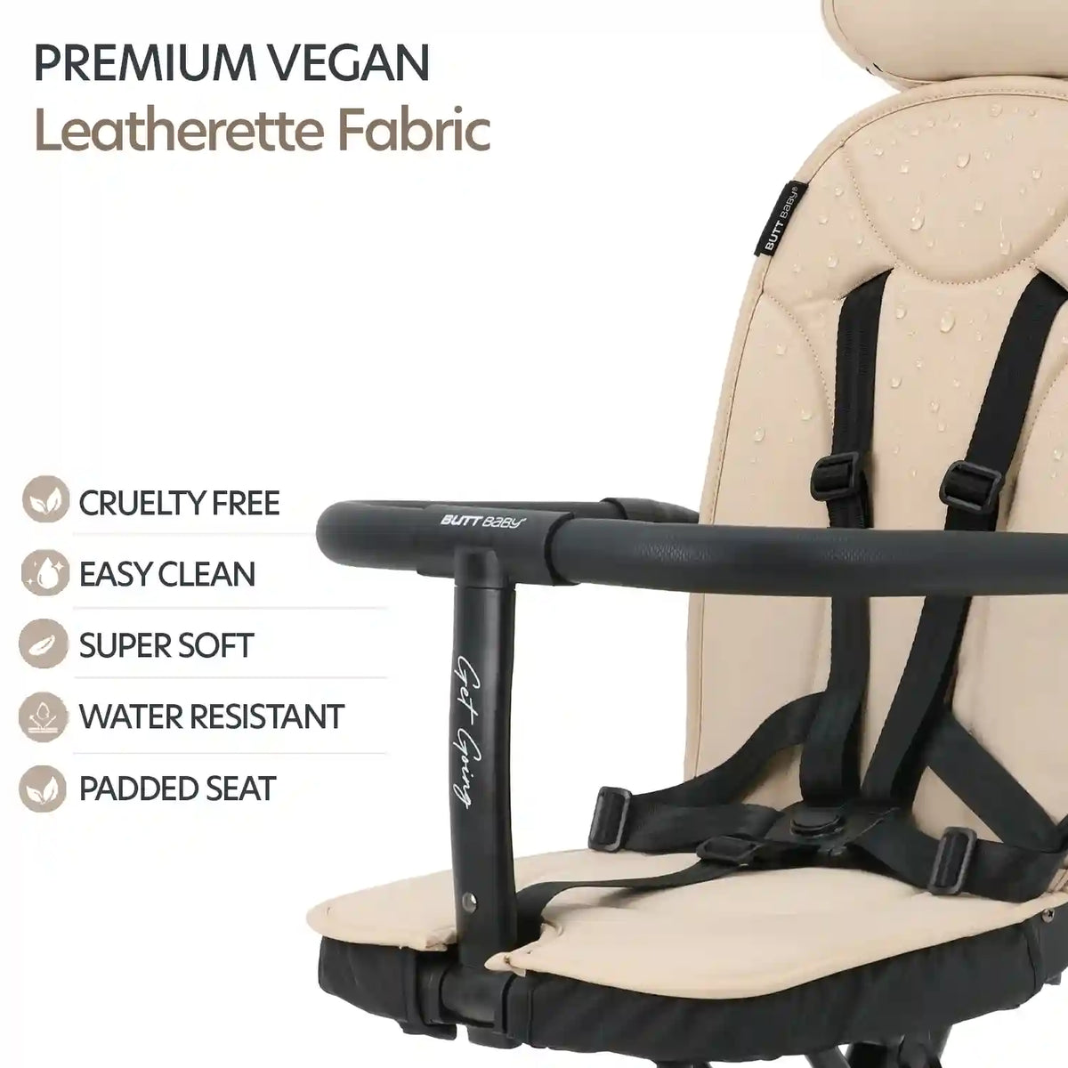 Butt Baby Get Going big kids travel stroller to scooter in ivory creme. Premium vegan leatherette fabric cruelty free, easy clean, super soft, water resistant, padded seat.