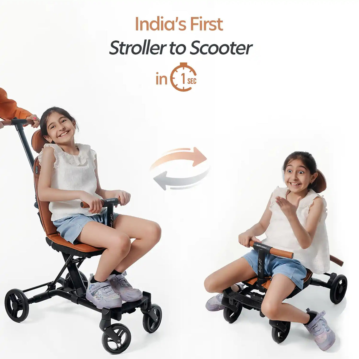 Butt Baby Get Going big kids to small kids travel stroller to scooter in burnt orange, stroller to scooter in i second