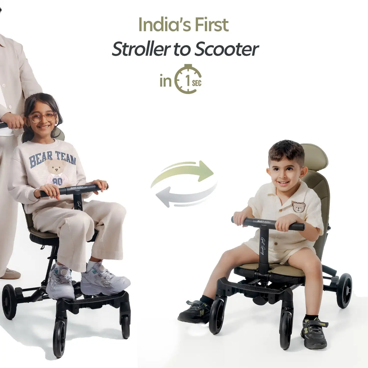 Butt Baby Get Going big kids travel stroller to scooter in forest green India's first stroller to scooter in 1 second.
