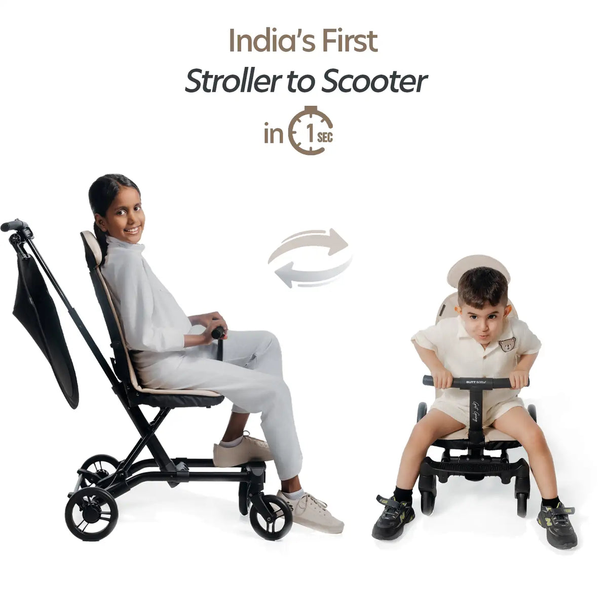 Butt Baby Get Going big kids travel stroller to scooter in ivory creme India's  first stroller to scooter in 1 second.