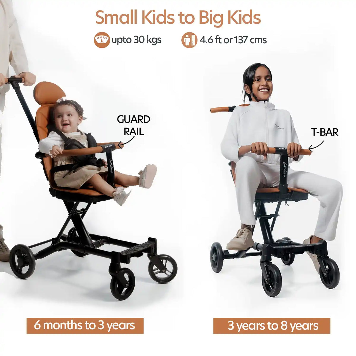 Butt Baby Get Going big kids to small kids travel stroller to scooter in burnt orange, Guard Rail for small kids and T-Bar for big kids handle
