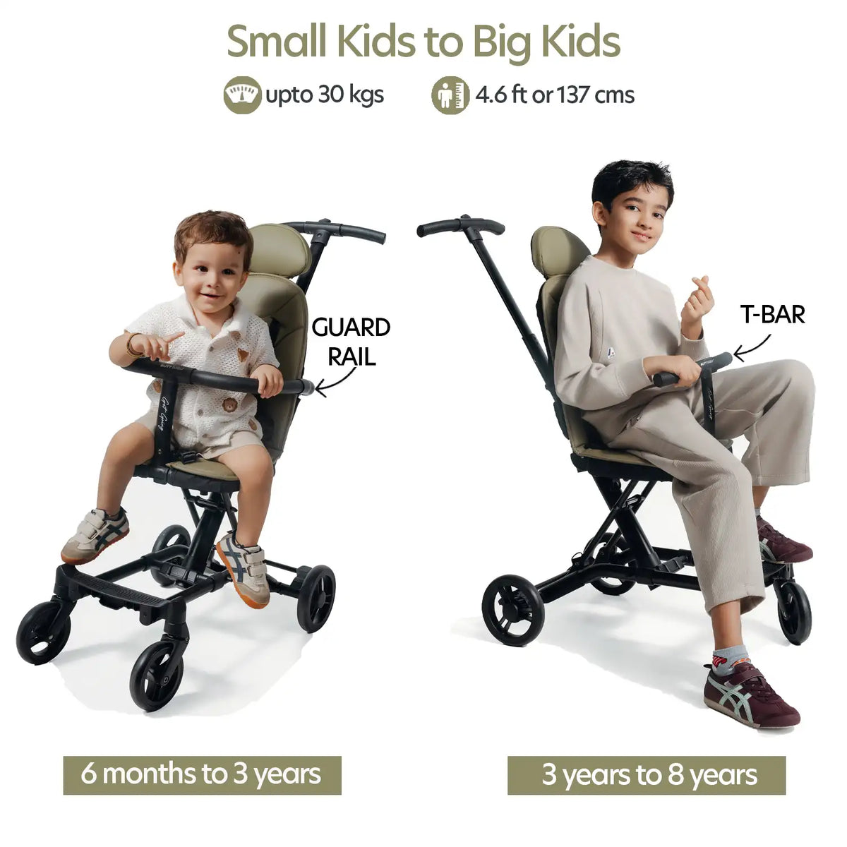 Butt Baby Get Going big kids travel stroller to scooter in forest green for 6 month to 8 years.