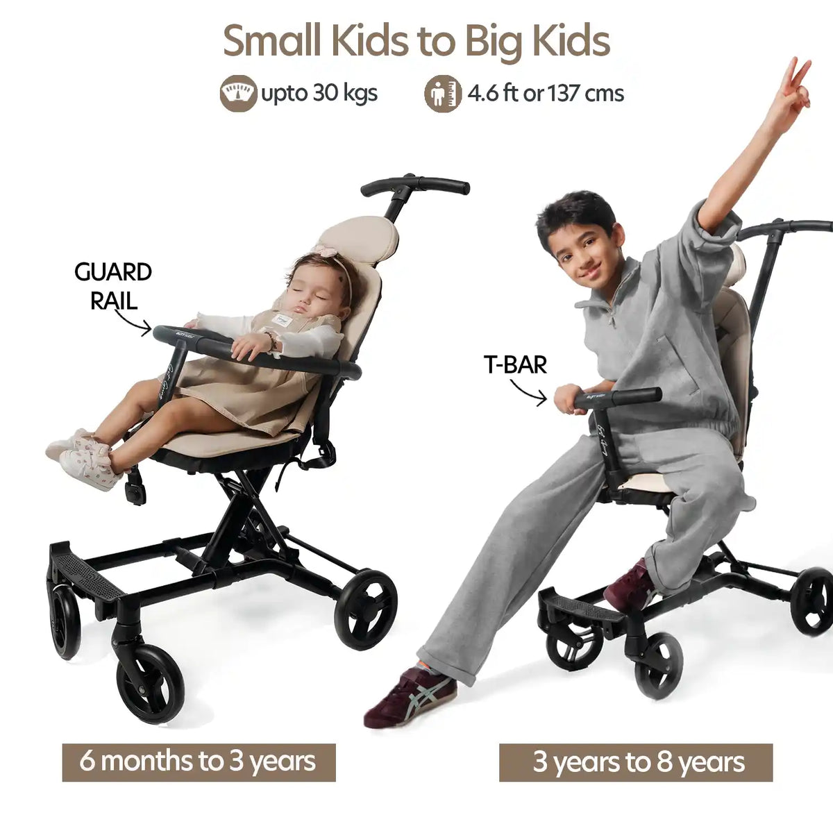 Butt Baby Get Going big kids travel stroller to scooter in ivory creme complementary guard rail for small kids and T-bar handle for big kids.