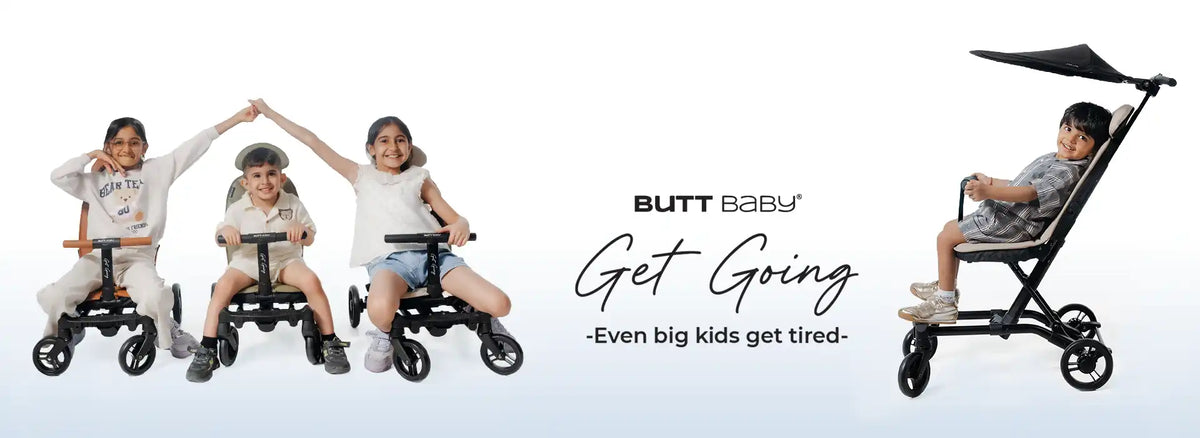 Butt Baby Get Going travel stroller to scooter for small kids to big kids, with canopy and T-bar. Even big kids get tired.