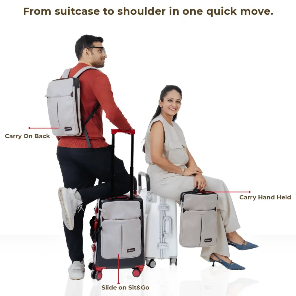 convertible travel jacket bag backpack with suitcase attachment for carrying electronics documents and travel essentials from suitcase to shoulder in one quick move