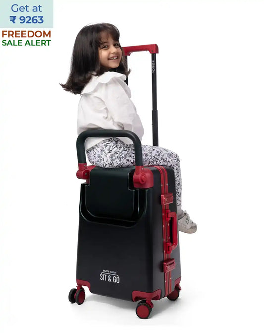 suitcase with baby seat ride on cabin luggage carrier for kids travel sit and go butt baby colour black
