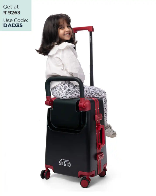 suitcase with baby seat ride on cabin luggage carrier for kids travel sit and go butt baby colour black fathers day special
