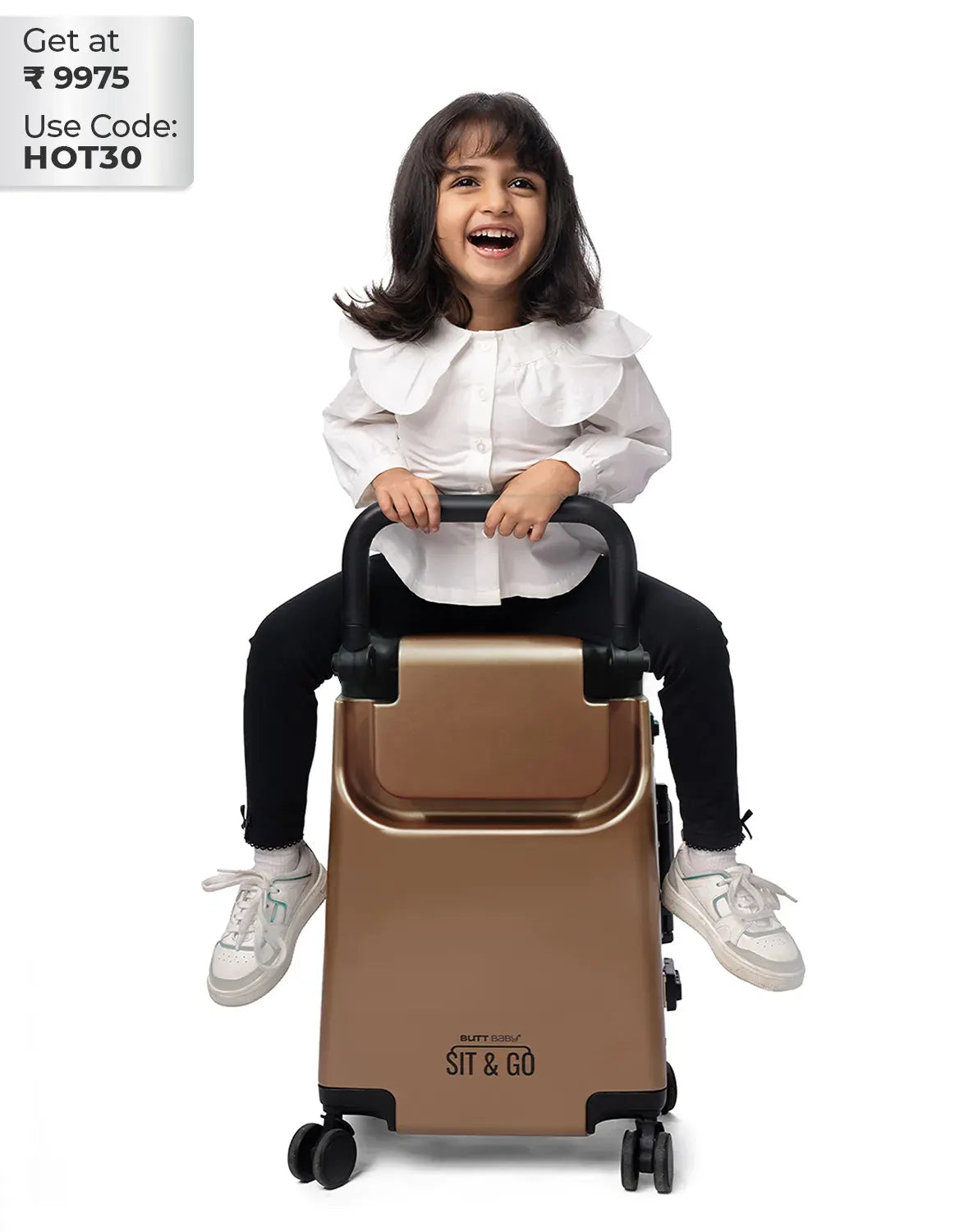 smart kids ride on suitcase cabin trolley baby carrier for smooth and comfortable travel use colour bronze Sit & go buttbaby