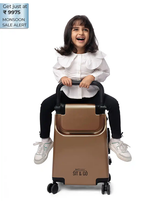 smart kids ride on suitcase cabin trolley baby carrier for smooth and comfortable travel use colour bronze Sit & go buttbaby