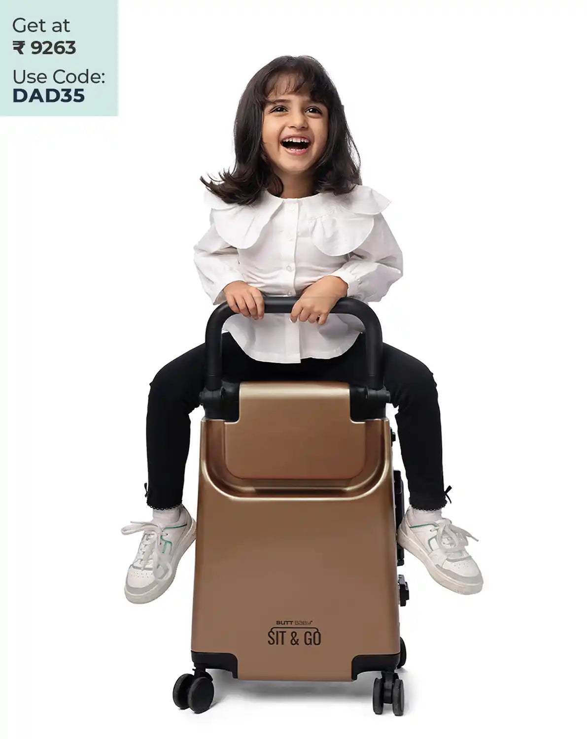 smart kids ride on suitcase cabin trolley baby carrier for smooth and comfortable travel use colour bronze Sit & go buttbaby fathers day special