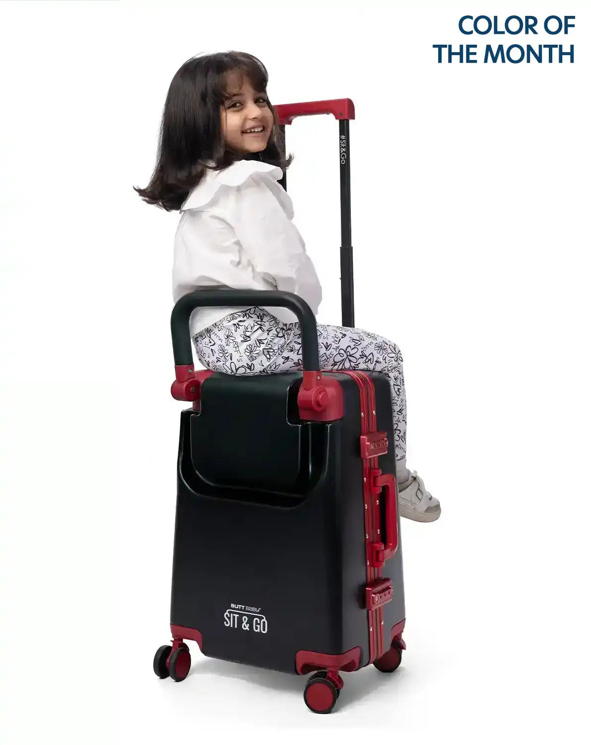 suitcase with baby seat ride on cabin luggage carrier for kids travel sit and go butt baby colour of the month black