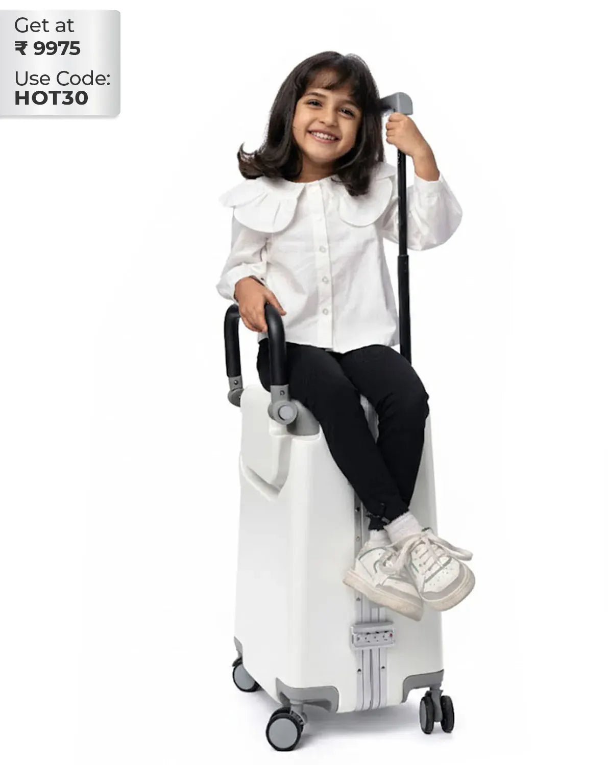 kids ride on suitcase cabin trolley baby carrier for smooth and comfortable travel use colour white Butt Baby sit & go