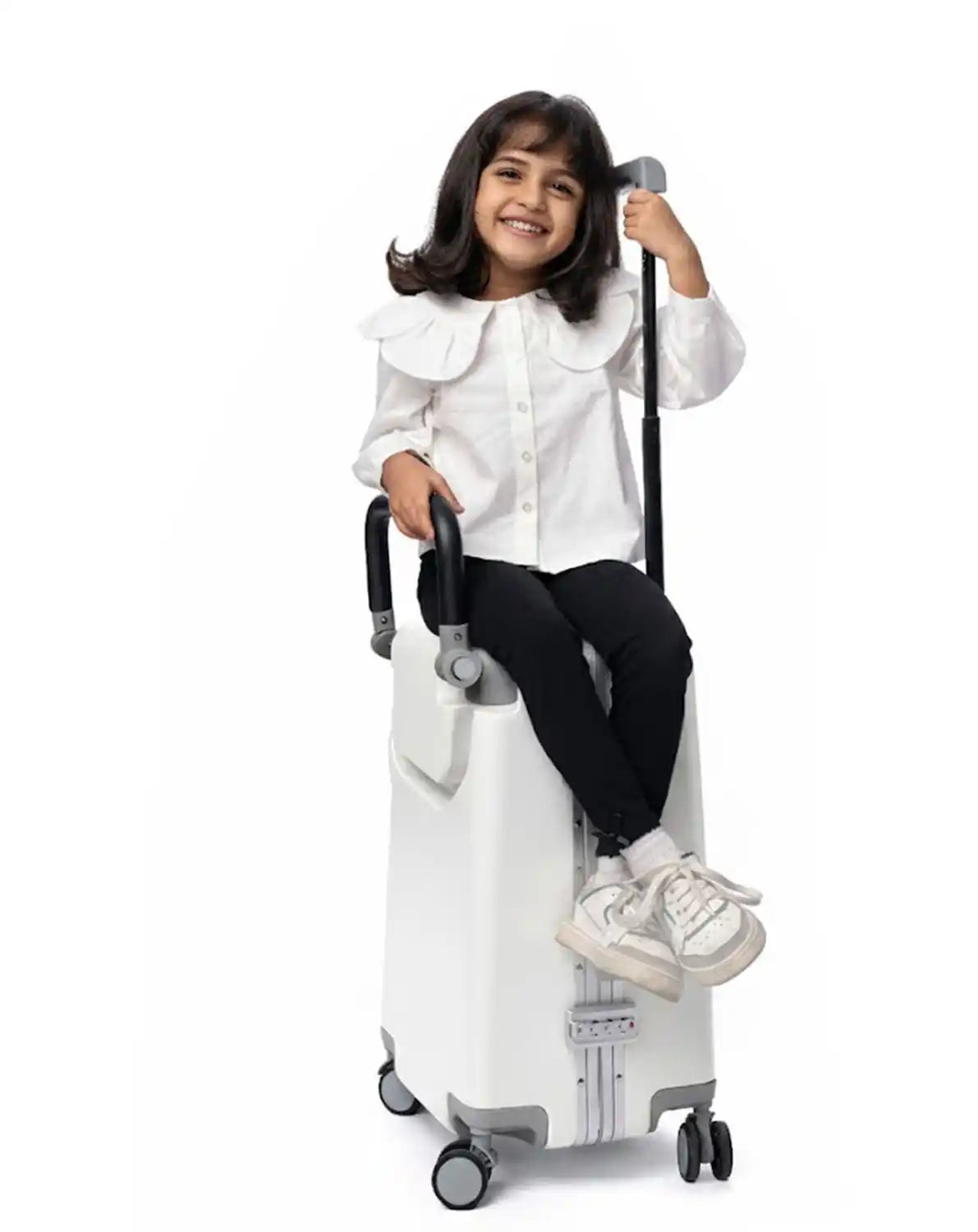 kids ride on suitcase cabin trolley baby carrier for smooth and comfortable travel use colour white Butt Baby sit & go