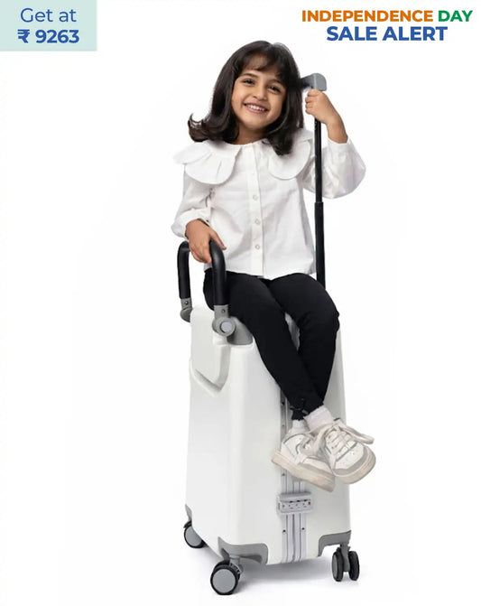 kids ride on suitcase cabin trolley baby carrier for smooth and comfortable travel use colour white Butt Baby sit & go