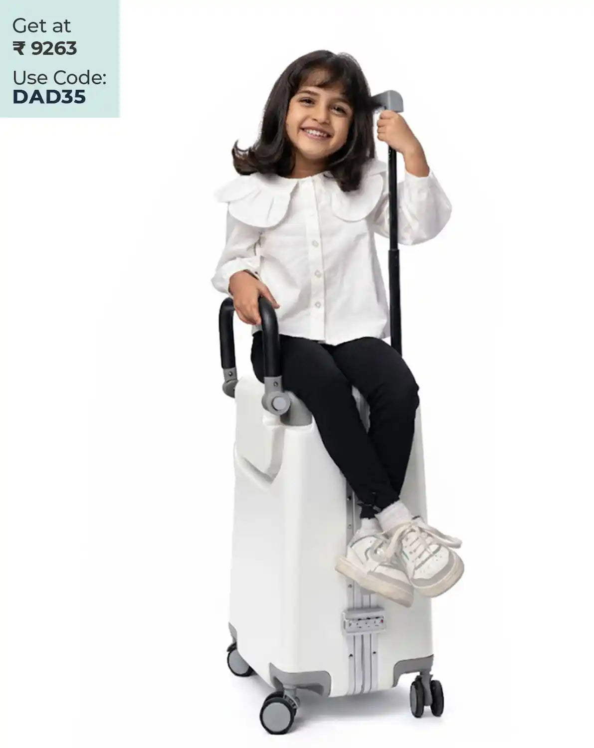 kids ride on suitcase cabin trolley baby carrier for smooth and comfortable travel use colour white Butt Baby sit & go fathers day special