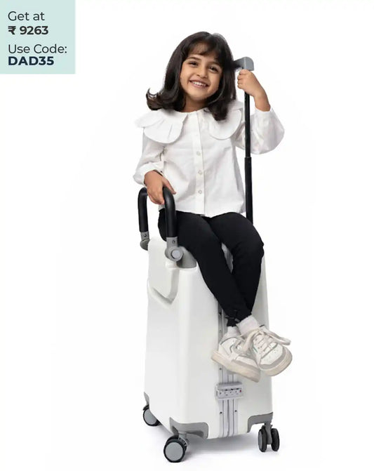 kids ride on suitcase cabin trolley baby carrier for smooth and comfortable travel use colour white Butt Baby sit & go fathers day special