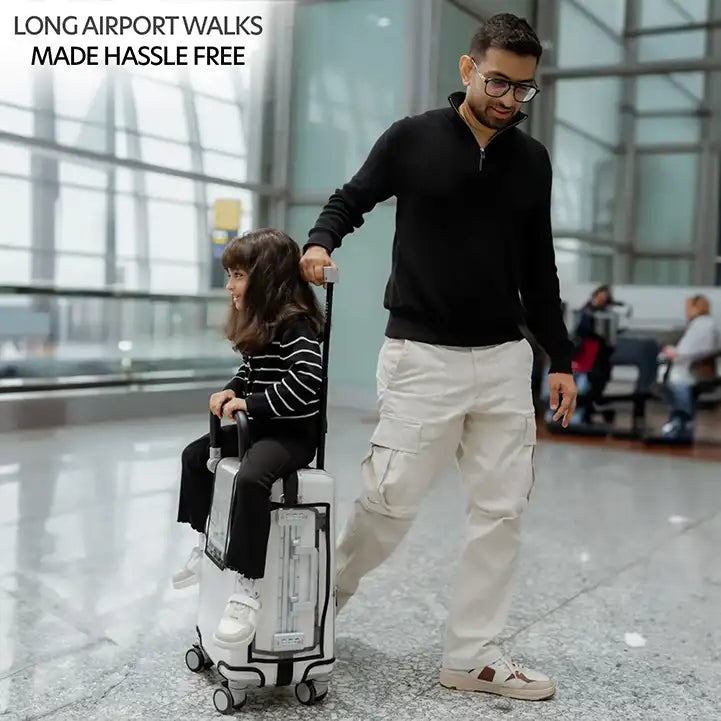 kids ride on suitcase cabin trolley baby carrier for smooth and comfortable travel use for long airport walks hassle free buttbaby sit and go