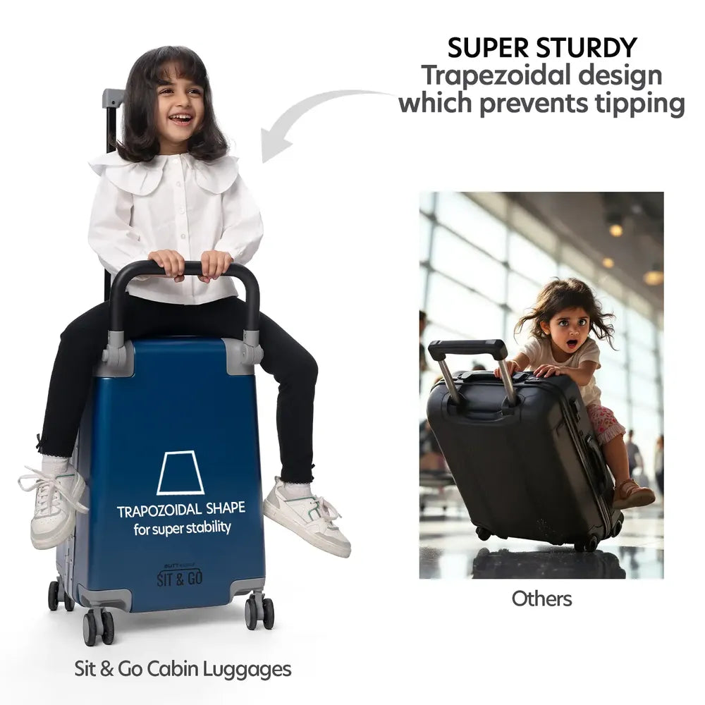 kids ride on suitcase cabin trolley baby carrier for smooth and comfortable travel comes with super sturdy trapezoidal design which prevents tipping sit and go butt baby