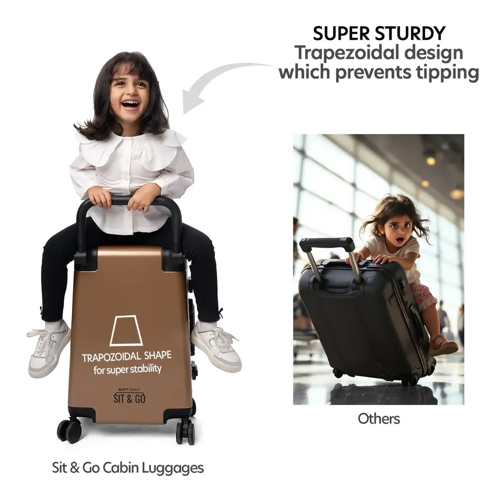 smart parents and kids ride on suitcase cabin trolley baby carrier for smooth and comfortable travel use made with super sturdy trapezoidal design which prevents tipping from suitcase during ride sit and go butt baby