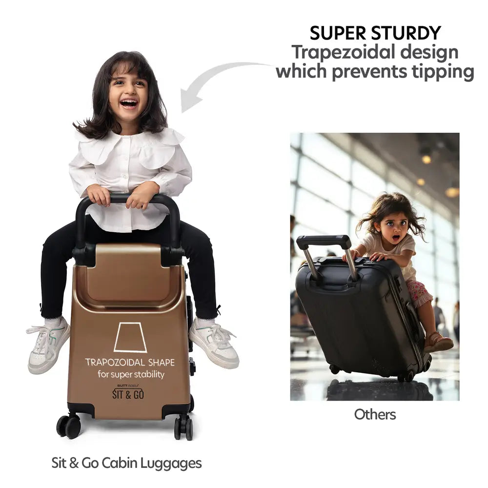 smart parents and kids ride on suitcase cabin trolley baby carrier for smooth and comfortable travel use made with super sturdy trapezoidal design which prevents tipping from suitcase during ride sit and go butt baby