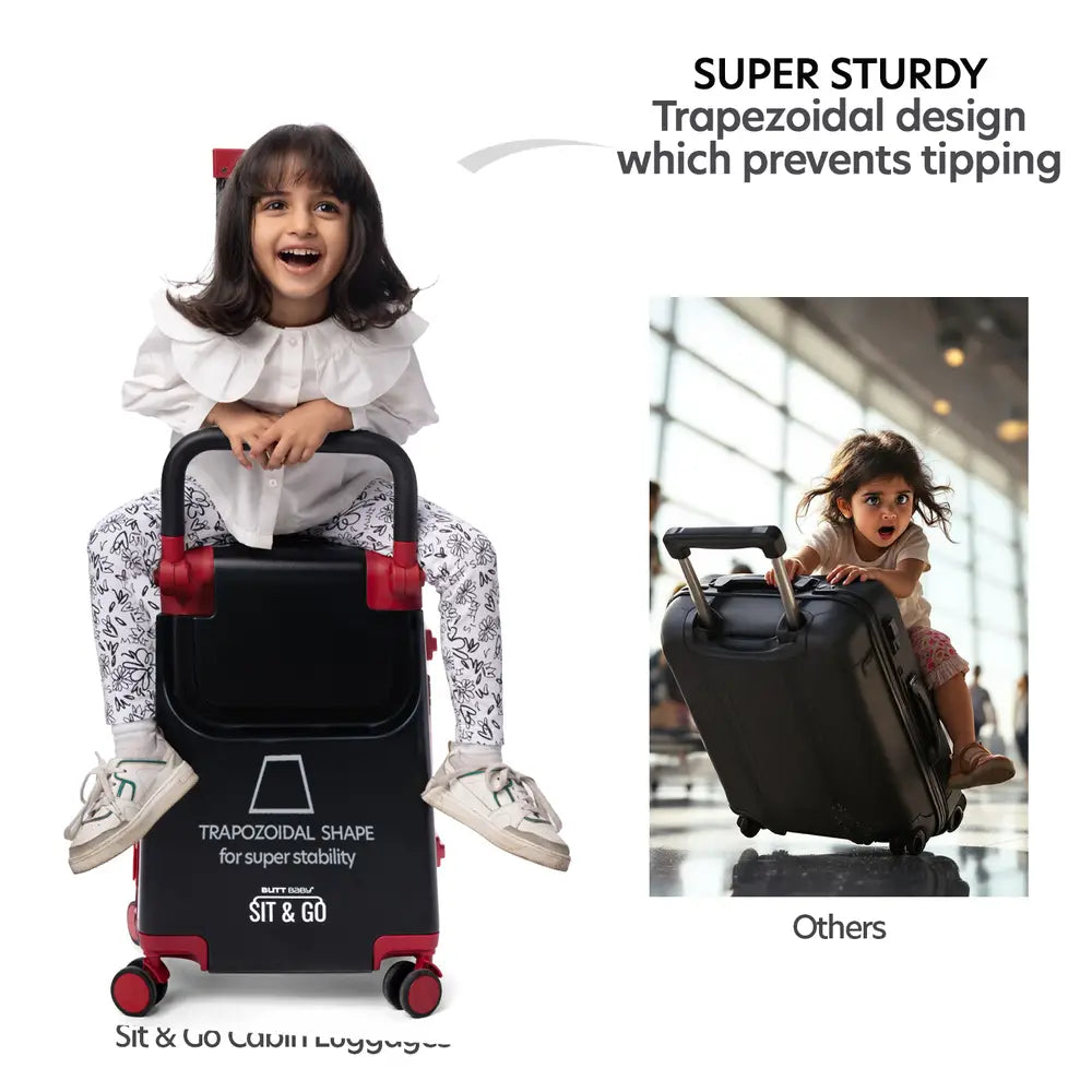 kids ride on suitcase cabin trolley baby carrier for smooth and comfortable travel use comes with super sturdy trapezoidal design which prevents your child falling from suitcase during ride sit and go butt baby