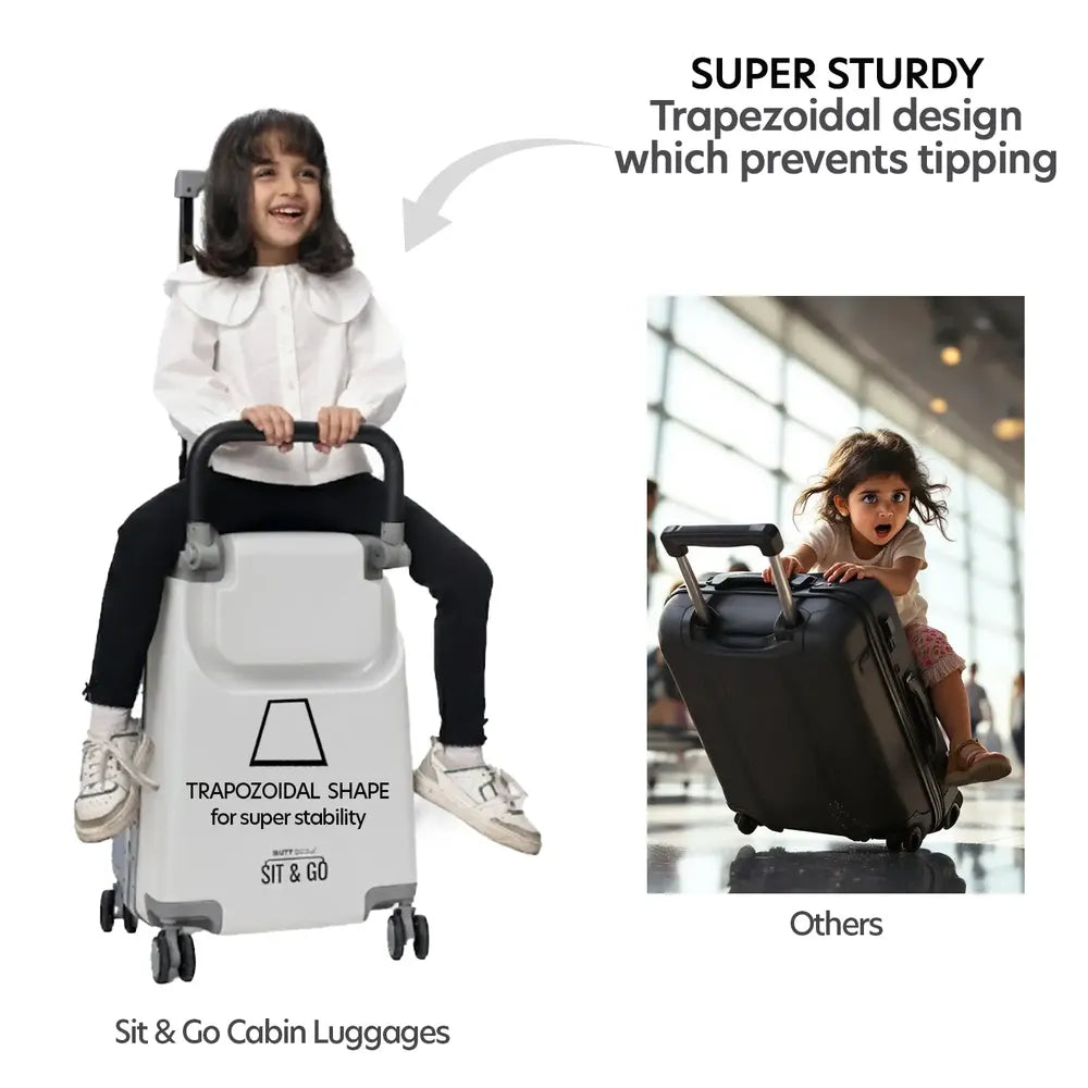 kids ride on suitcase cabin trolley baby carrier for smooth and comfortable travel use made for super sturdy trapezoidal design which prevents tipping while ride on suitcase trolley butt baby sit and go