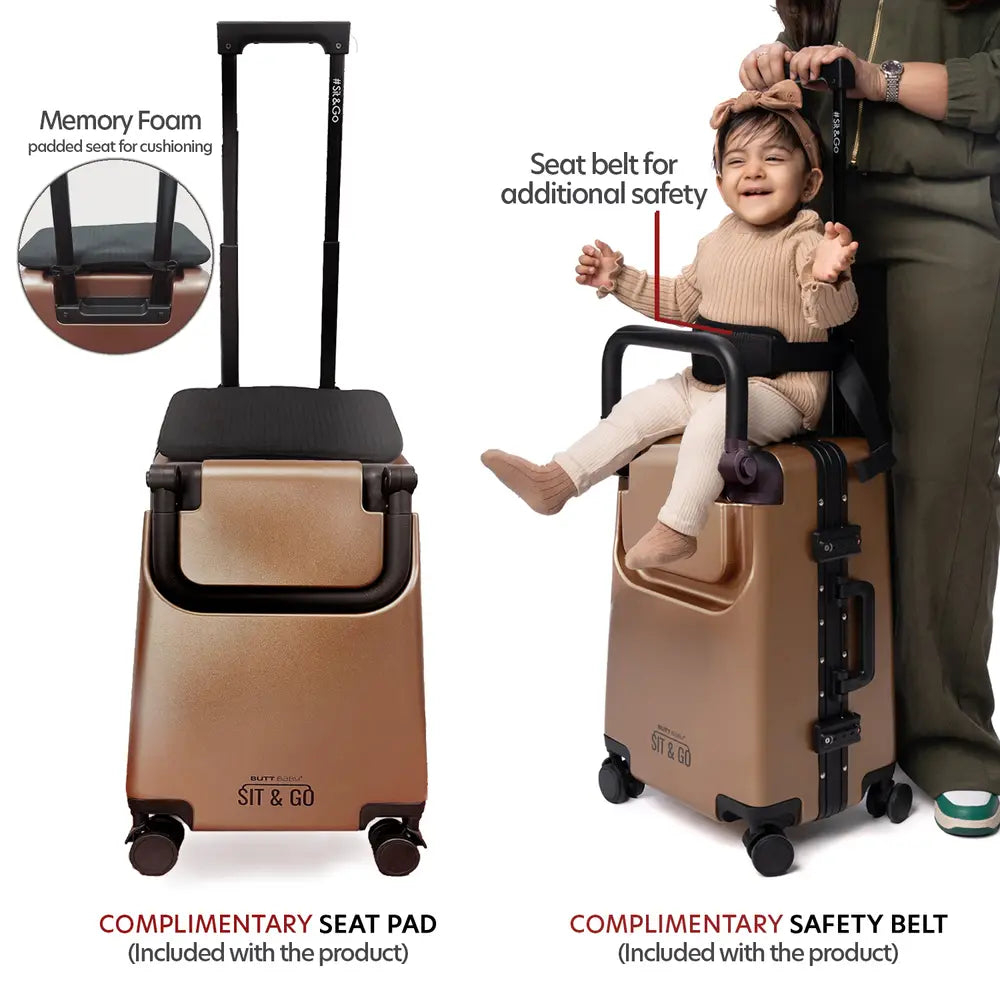 smart parents and kids ride on suitcase cabin trolley baby carrier for smooth and comfortable travel use comes with complimentary seat belt for additional safety butt baby sit and go