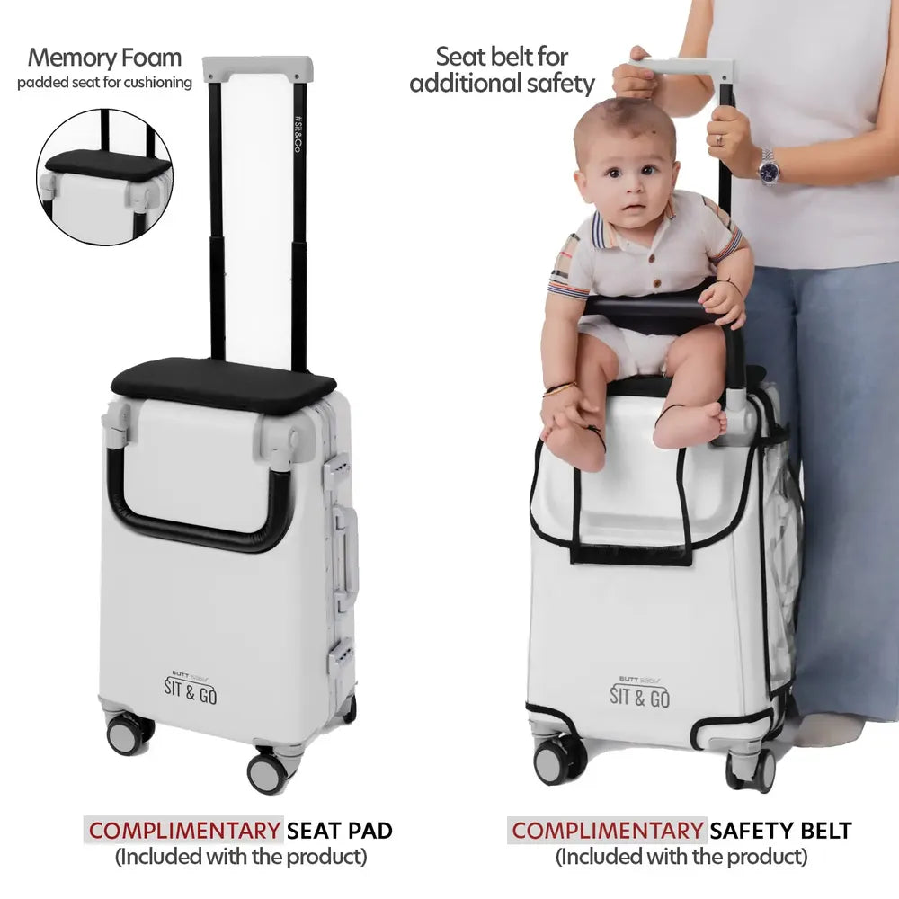 kids ride on suitcase cabin trolley baby carrier for smooth and comfortable travel use comes with complimentary seat pad and safety belt for safe and comfortable ride on suitcase sit and go buttbaby
