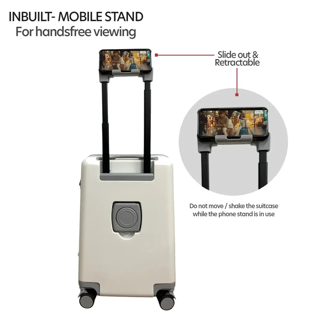 kids ride on suitcase cabin trolley baby carrier for smooth and comfortable travel use comes with inbuilt mobile stand for handsfree viewing