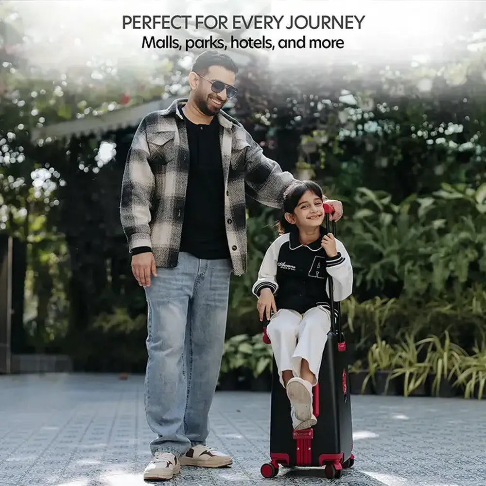smart parents and kids ride on suitcase cabin trolley baby carrier for smooth and comfortable travel use perfect for malls park hotels garden airport railway station etc